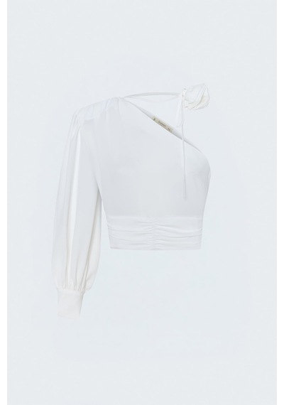 Sateen Çiçek Detaylı Bluz - Ekru-137863