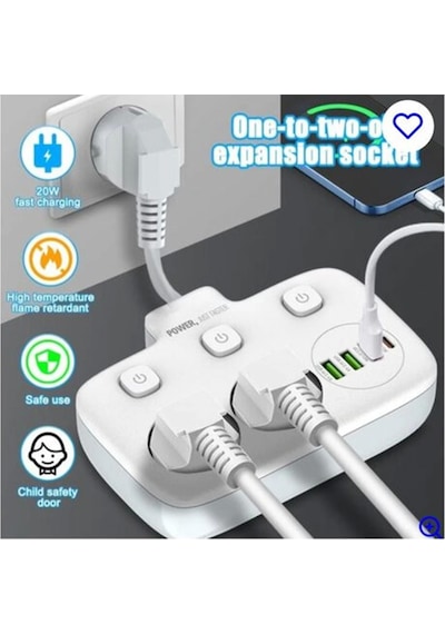 Akım Korumalı 2 Li Ayrı Anahtarlı Priz, 2x Priz, 3x Usb, 1x Type-c, 2 Mt Kablo, Hızlı Şarj