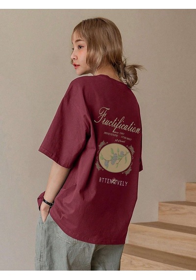 Flood Of Style Kadın Bordo Fructification Baskılı Oversize T-shirt