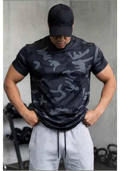 Serablanka Erkek Nem Emici Hızlı Kuruma Atletik Teknik Kamuflaj Desenli Spor T-shirt Lacivert
