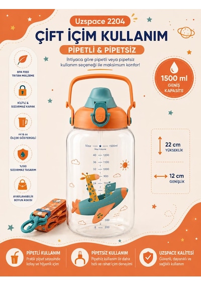 Uzspace 2204 Turuncu 1500 Ml Çift İçim Ölçek Göstergeli Tritan Çocuk Su Matarası
