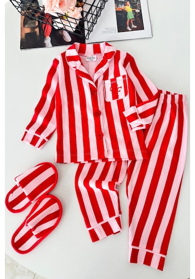 Minigimin Cicileri Çizgi Desenli Terlikli Kız Çocuk Pijama Takımı - Kırmızı