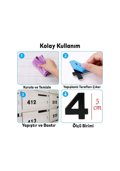 Lexroo Yapışkanlı Kapı Numarası Küçük Boy 50 Mm 5 Cm Numara 4 Rakam Dört Sayı Siyah Renk Numaralar Standart