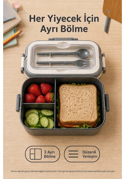 Antrasit 3 Bölmeli Çocuk Beslenme Kutusu Kaşık Çatal Dahil Kilitli Kapaklı Taşıma Saplı Lunch Box
