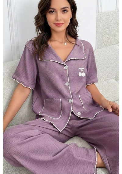 Siyah İnci Cepli Bürümcük-krınkıl Kısa Kollu Düğmeli Örme Pijama Takım 7940 Mor