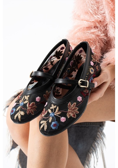 Dabab Shoes Begonıa Kadın Siyah Çiçek Nakışlı Transparan Babet Ayarlanabilir Bantlı Tokalı Düz Taban Ayakkabı