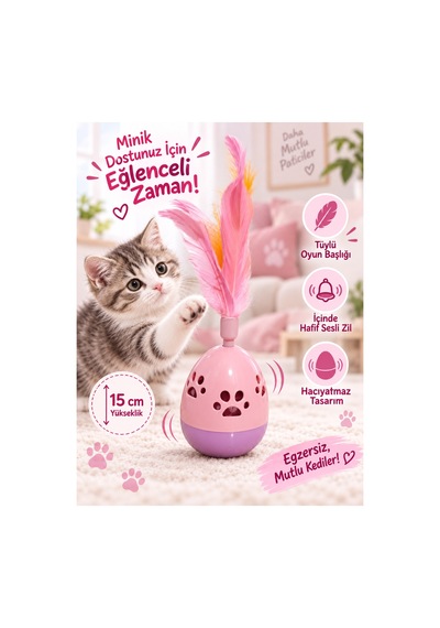 Hacıyatmaz Tüylü Kedi Oyuncağı Zilli Hareketli İnteraktif Oyuncak - Pembe