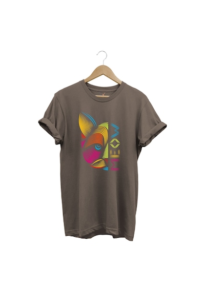 Meow Renkli Geometrik Kedi Baskılı %100 Pamuk Unisex Regular Fit T-shirt Kahverengi
