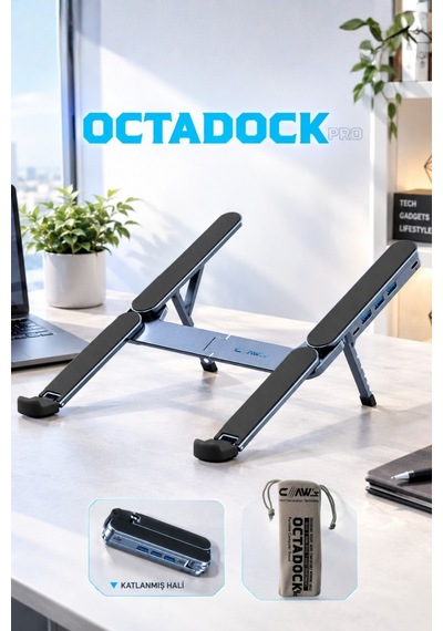 Octadock Pro Ayarlanabilir Katlanabilir Laptop Standı Alüminyum Notebook Standı, 6 Kademeli, Usb Hub Destekli