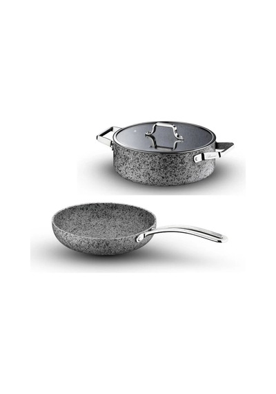 Brioni Stone-age 3 Parça 26cm Basık-26cm Tava Çizilmez Yanmaz Yapışmaz Kombin Tencere Tava Seti-7468 Gri