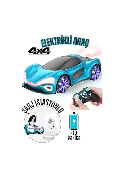 Giffy/oyuncak 2.4 Ghz Uzaktan Kumandalı Şarjlı Elektrikli Araba 4x4 Şarj İstasyonlu Buharlı Led Işıklı Sesli Müzikli Rc Araç Full Fonksiyon 4 Çeker Drift Atabilen 1200 Mah Şarjlı Pilli Vivid Mavi