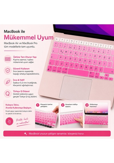 Macbook Air 13.6 İnç M2 M3 M4 M5 A2681 A3113 A3240 A3449 Uyumlu Türkçe Q Klavye Koruyucu Pembe Ombre Diğer