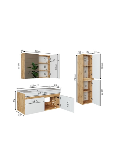 Roomart '' Lavabolu '' Atlantik-Beyaz Mat Mdf 100 Cm Banyo Dolabı Atlantik Çam - Beyaz