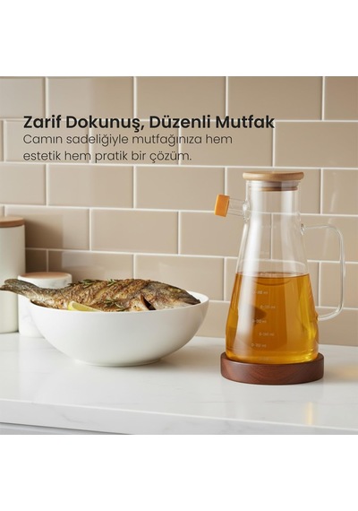 Amberhaus Kesten 900 Ml Cam Yağdanlık Ahşap Kapaklı Ve Altlıklı Şeffaf, Pratik Mutfak Yağ Ve Sirke Şişesi