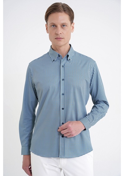 Slim Fit Pötikare Baskılı Pamuklu Yaka Düğmeli Yeşil Gömlek G 1604