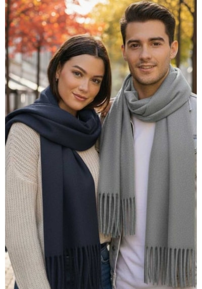 Tezzgelsin Unisex Yumuşak Dokulu Püsküllü Kışlık Buklet Atkı Şal 2'li Set Lacivert - Gri