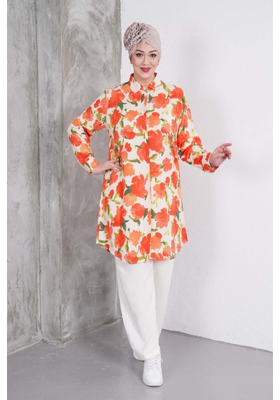 Polologin Butik Turuncu Çiçek Desenli Tunik Ve Krem Pantolon Takım Turuncu & Krem