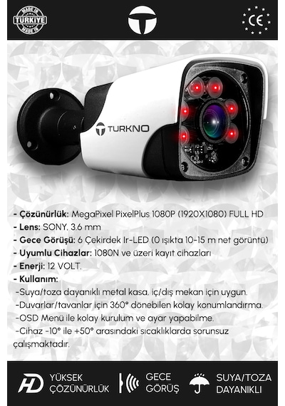 Turkno 8 Kameralı Pania 2 İç Kamera Set 1 TB HDD Full HD Gece Görüşlü Güvenlik Kamerası Sistemi
