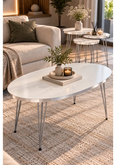 Sulorahome Gümüş Tel Ayaklı Beyaz 4'lü Sehpa Seti