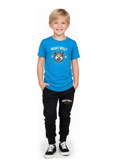 Fyk Kids Erkek Çocuk Mevsimlik Nıght Wolf Baskılı Alt-üst Takım Mavi
