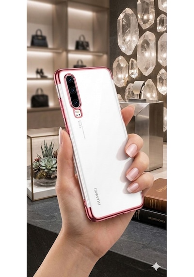 Huawei P30 Kılıf Dört Köşeli Lazer Silikon Kılıf Rose Gold
