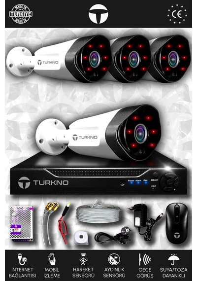 Turkno 4 Kameralı Galia 4 Dış Kamera Set HDD'siz Full HD Gece Görüşlü Güvenlik Kamerası Sistemi