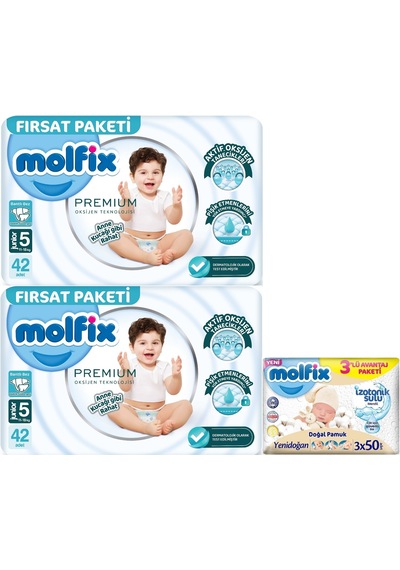 Molfix Premium Bebek Bezi Beden:5 11-18kg Junior 84 Adet +3 Adet Islak Mendil 2'li