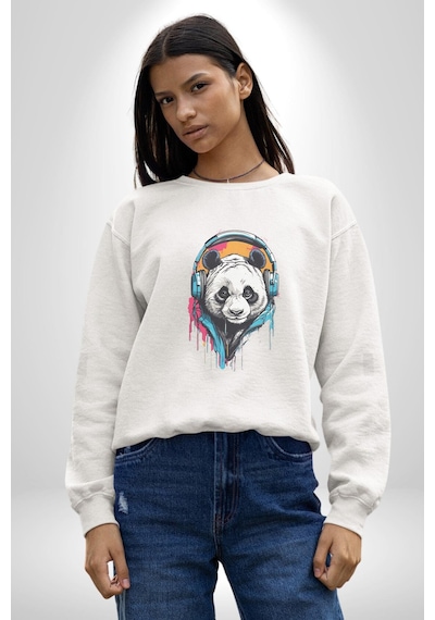 Kulaklık Ayı Panda Unisex Beyaz Baskılı Sweatshirt Beyaz