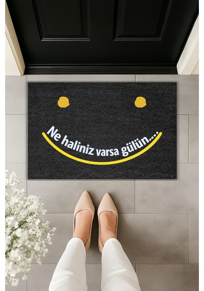Rugmood Modern Dijital Baskı - Ne Haliniz Varsa Gülün : - Kapı Önü Paspası Siyah