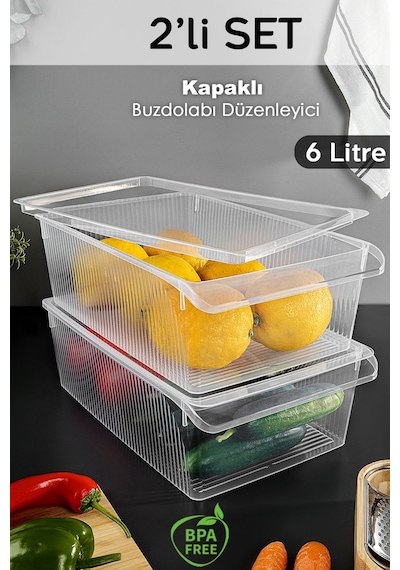 2 Adet Kapaklı Saklama Kabı - Organizer Düzenleyici Meyve Sebze Erzak Kabı Saklama Kutusu 6 Litre Şeffaf