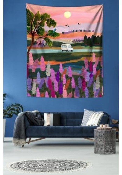 Gün Batımı Yolculuk Yoldaki Araba Leke Tutmaz Kumaş Duvar Örtüsü Duvar Halısı Tapestry Pntr003, 100 X 140