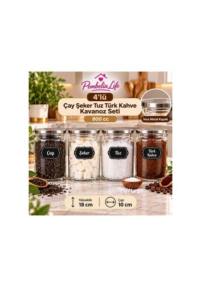 4 Lü Metal Vakum Kapaklı Cam 800 Cc Çay Şeker Tuz Türk Kahve Bakliyat Erzak Saklama Kavanozu Saklama Kabı Kavanoz Gri Gri