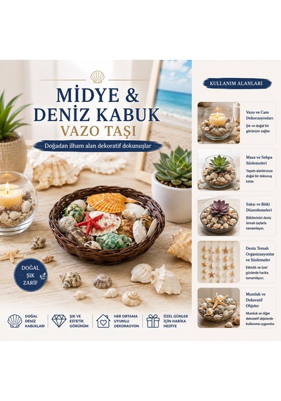 Yuvarlak Ahşap Sepet Renkli Mix Midye - Deniz Kabuk Vazo Taşı 5705 Çok Renkli
