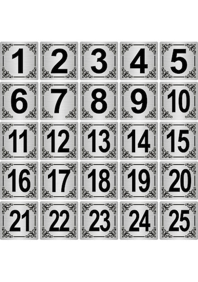 Metal Kapı,Masa,Dolap Numarası 4x4cm 25 adet (1..25) Gümüş Renk Metal