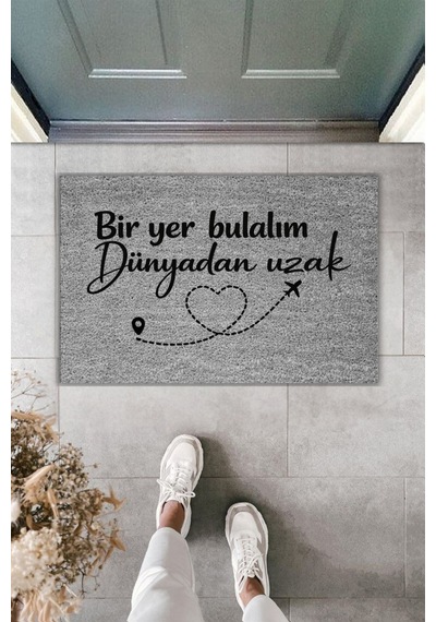 Rugmood Modern Dijital Baskı - Bir Yer Bulalım Dünyadan Uzak - Kapı Önü Paspası Gri