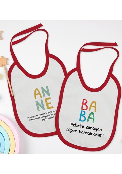 BK Kids Anne ve Baba Tasarımlı 2’li Kırmızı Mama Önlüğü-4 Kırmızı