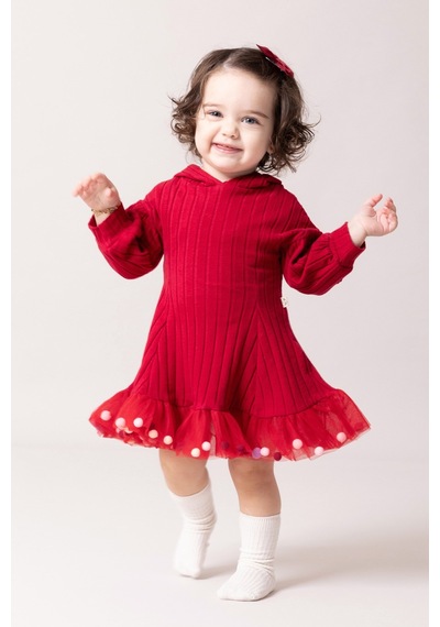 Babymod Kapüşonlu Fiyonklu 100% Pamuk Kız Bebek Elbise Kırmızı