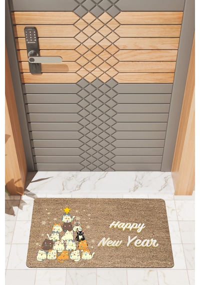 Rugmood Modern Dijtal Baskı Yılbaşı Kedi, Köpek New Year Kapı Önü Paspası Çok Renkli
