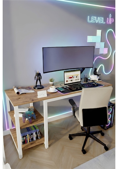 Reflekta Raflı Oyuncu Masası 60x160 Cm. Gaming Masa Demonte Atlantik Çam-beyaz Reflekta Raflı Oyuncu Masası 60x160 Cm. Gaming Masa Demonte Atlantik Çam-beyaz