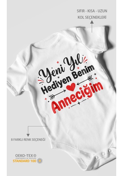 Morivokids Yeni Yıl Hediyen Benim Anneciğim Kısa Kollu Bebek Body %100 Pamuk Beyaz