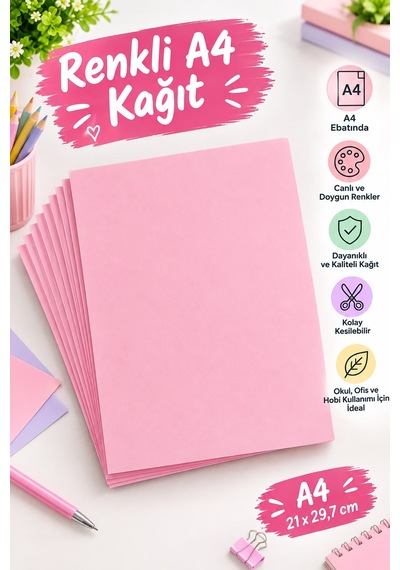 Pembe Renkli Fotokopi Kağıdı A4 100 Adet Renkli Yazıcı Ve Ofis Kağıdı, Okul Ve Hobi Kağıdı