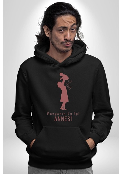Anneler Günü Dünyanın En İyi Annesi Kadın Erkek Siyah Kapüşonlu Sweatshirt Hoodie Siyah