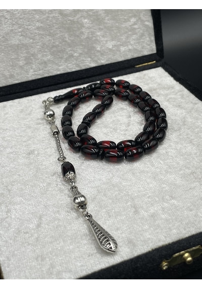 Onurlu Tesbihane Çift Renk Beyrut Tesbih Kırmızı 6,5x11 Mm İnce Kesim Erkek Tesbihi Gümüş