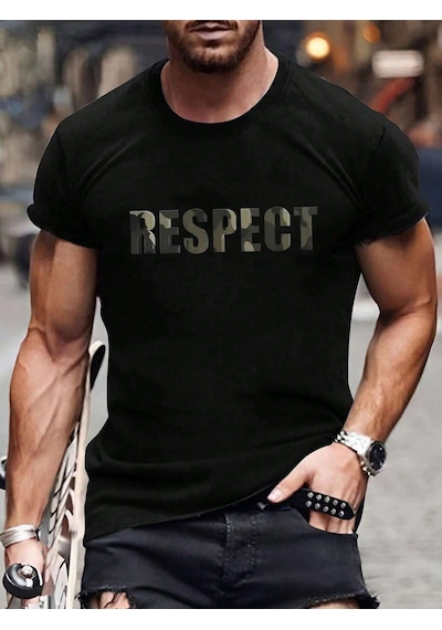 Respect T-shirt - Siyah Baskılı Oversize Bisiklet Yaka Kısa Kol Tişört Siyah