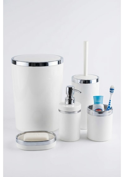 Makri Home 5 Parça Akrilik Banyo Seti, Şık Ve Kaliteli Akrilik, Gümüş Renk Detaylı, Beyaz Beyaz