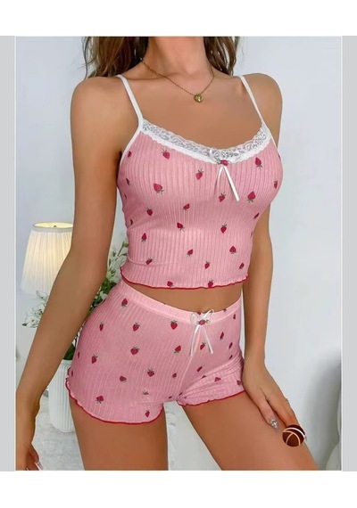 Lily Pembe Çilek Desenli Dantelli Vintage %100 Pamuk İnce Askılı Pembe