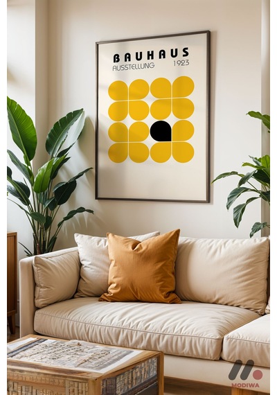 Bauhaus Sarı Kare Deseni, Siyah Çerçeveli Duvar Tablosu - Modern Ev Dekorasyonu