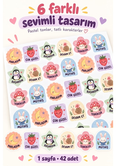 Sevimli Öğrenci Motivasyon Sticker Seti 42 Adet 1 Sayfa Tebrikler, Başardın, Devam Et Ve Ödül Etiketleri Çok Renkli
