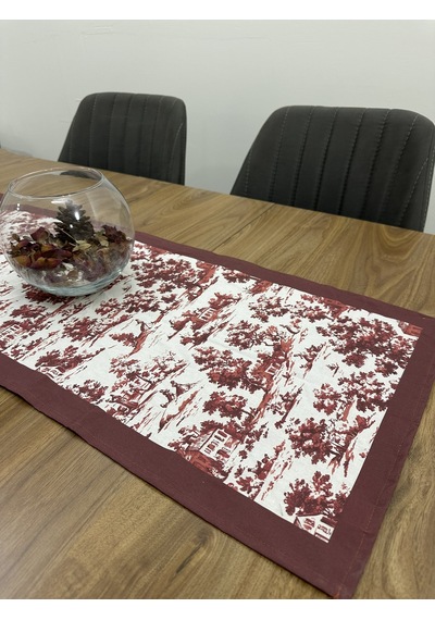 Toile De Jouy Monet Runner 40x110 Cm %100 Pamuk Dijital Baskılı Masa Örtüsü Country Tarzı Fransız Desen Masa Dekoru - Zt710 Kırmızı
