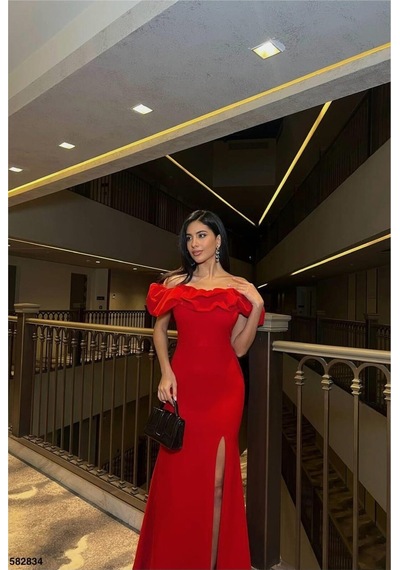 Lior Design Kadın Trend Tasarım Kare Yaka Yırtmaçlı Kısa Kollu Abiye Elbise Kırmızı